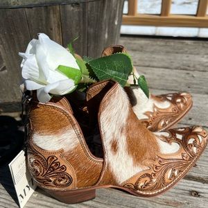💯Hand Tooled Leather Genuine Cowhide Women Bootie Boot Boho Western Shoe New